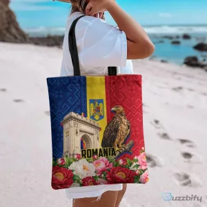 Romania Eagle And Arcul De Triumf Tote Bag Traditional Folk Pattern With Floral Peony Motifs TS04