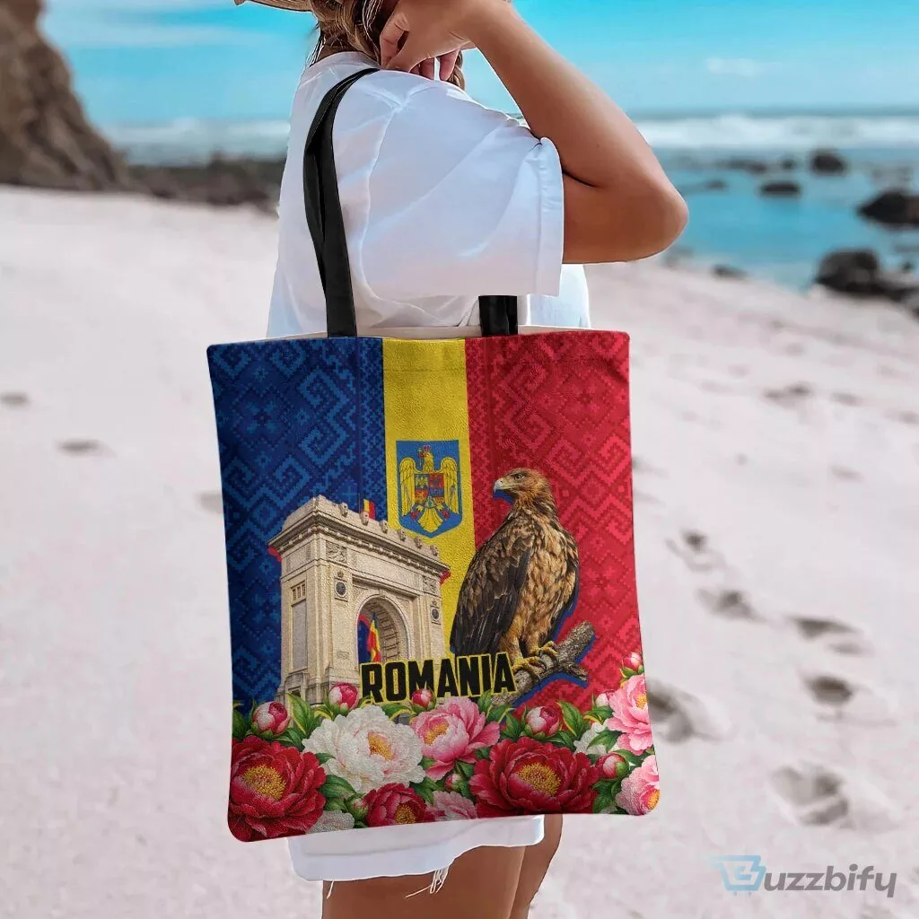 Romania Eagle And Arcul De Triumf Tote Bag Traditional Folk Pattern With Floral Peony Motifs TS04
