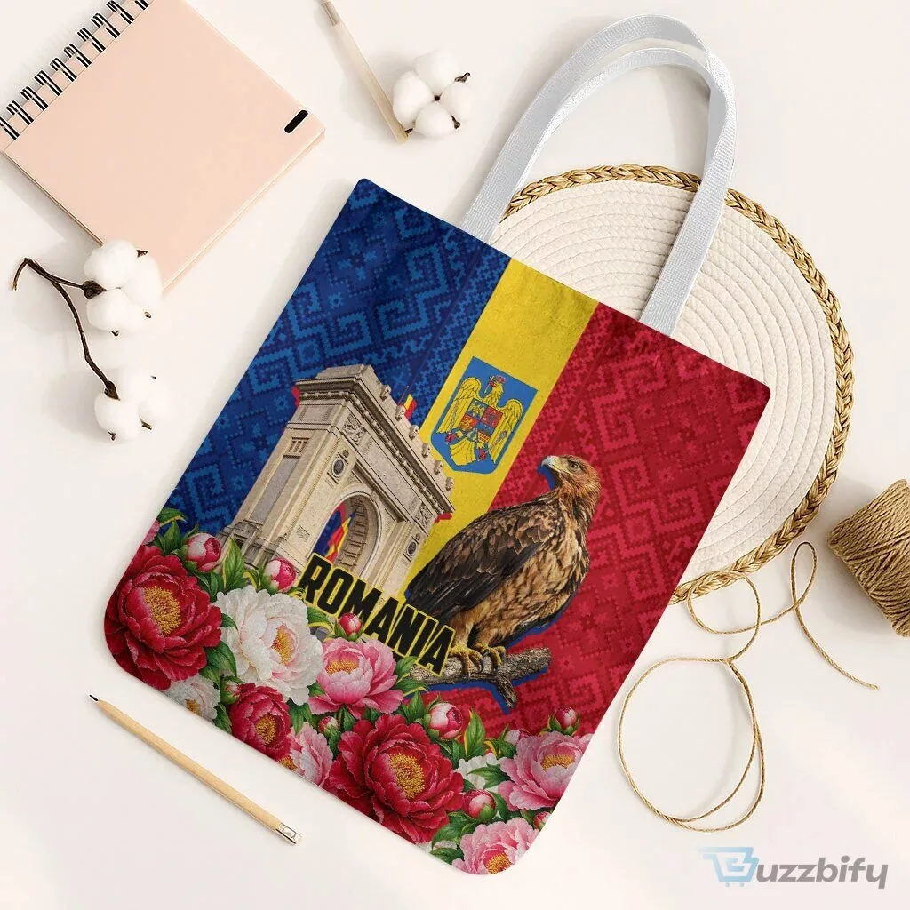 Romania Eagle And Arcul De Triumf Tote Bag Traditional Folk Pattern With Floral Peony Motifs TS04