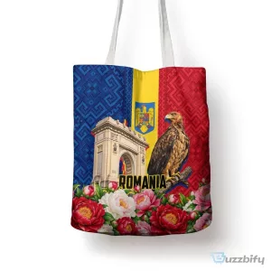 Romania Eagle And Arcul De Triumf Tote Bag Traditional Folk Pattern With Floral Peony Motifs TS04