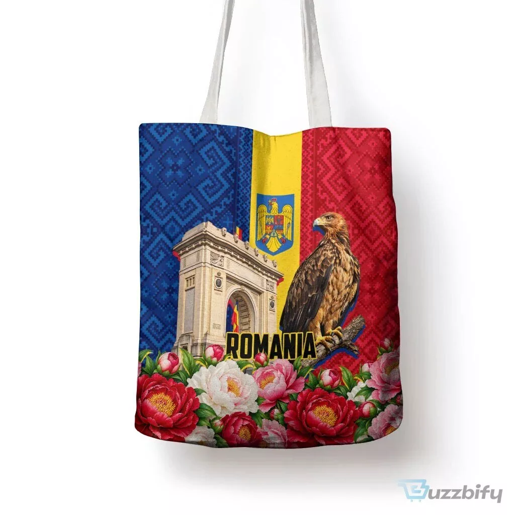 Romania Eagle And Arcul De Triumf Tote Bag Traditional Folk Pattern With Floral Peony Motifs TS04