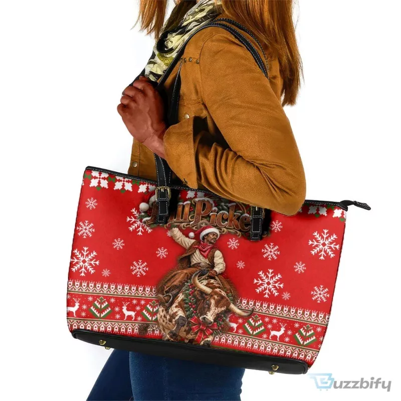 Bill Pickett Christmas Cowboy Rodeo Snowflake Red Leather Tote Bag