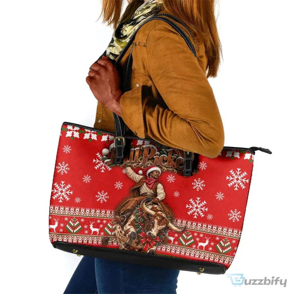 Bill Pickett Christmas Cowboy Rodeo Snowflake Red Leather Tote Bag