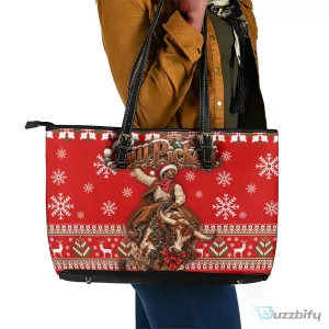 Bill Pickett Christmas Cowboy Rodeo Snowflake Red Leather Tote Bag