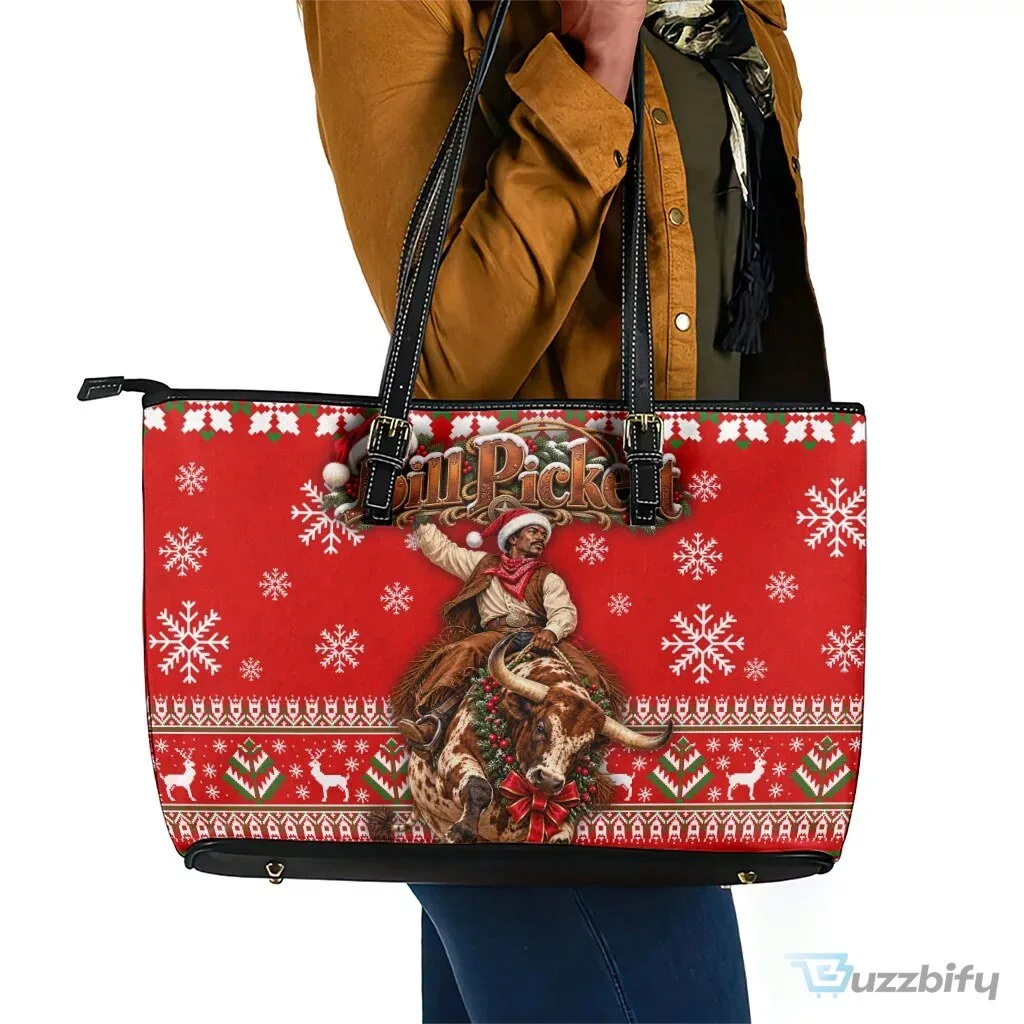 Bill Pickett Christmas Cowboy Rodeo Snowflake Red Leather Tote Bag
