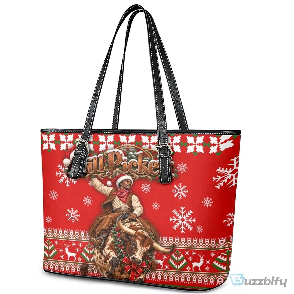 Bill Pickett Christmas Cowboy Rodeo Snowflake Red Leather Tote Bag
