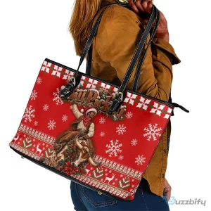 Bill Pickett Christmas Cowboy Rodeo Snowflake Red Leather Tote Bag