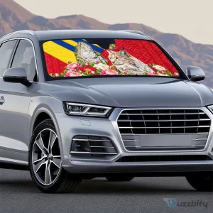 Romania Flag Lynx And Decebalus Rex Auto Car Sun Shade With Peony Floral Motifs