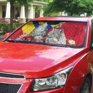 Romania Flag Lynx And Decebalus Rex Auto Car Sun Shade With Peony Floral Motifs