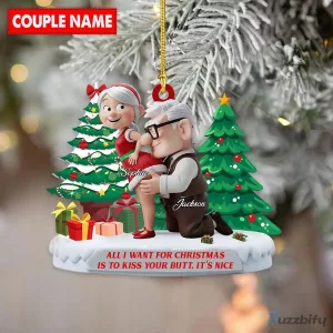 Personalized Old Couple Kissing Butt Funny Christmas Tree Ornament