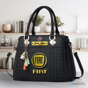 Personalized Black Leather Handbag for Women with Fiat Car Logo and Name Customization