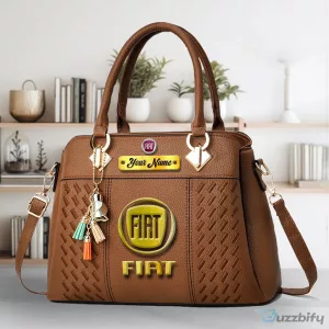 Personalized Black Leather Handbag for Women with Fiat Car Logo and Name Customization