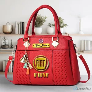 Personalized Black Leather Handbag for Women with Fiat Car Logo and Name Customization