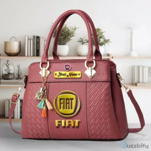 Personalized Black Leather Handbag for Women with Fiat Car Logo and Name Customization