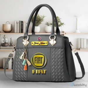 Personalized Black Leather Handbag for Women with Fiat Car Logo and Name Customization