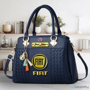 Personalized Black Leather Handbag for Women with Fiat Car Logo and Name Customization