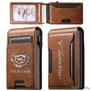 Cadillac Custom Name Slim Leather Wallet with Photo Slot and Card Holder