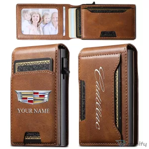 Cadillac Custom Name Slim Leather Wallet with Photo Slot and Card Holder