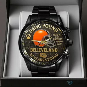 Cleveland Browns Dawg Pound Believeland 80 Years Strong Black Stainless Steel Watch