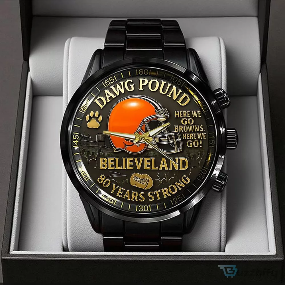 Cleveland Browns Dawg Pound Believeland 80 Years Strong Black Stainless Steel Watch