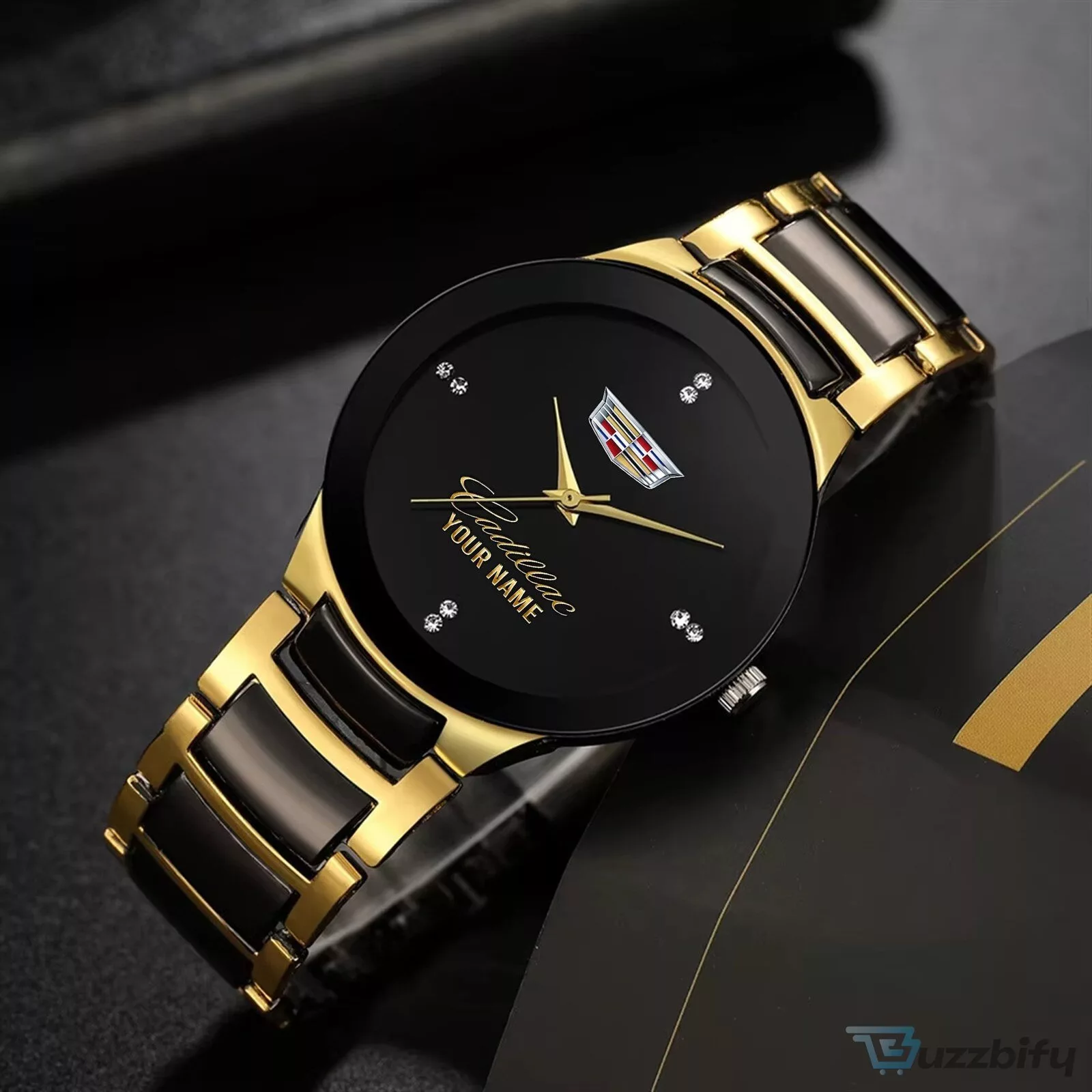 Cadillac Logo Custom Name Black and Gold Quartz Watch for Men