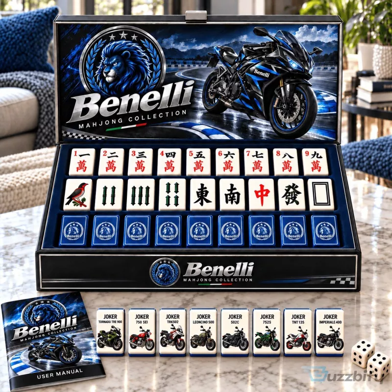 Benelli Motorcycle Mahjong Game Set with Tiles, Dice, and User Manual