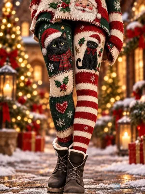 Christmas Black Cat Snowflake Print Velvet Leggings for Women
