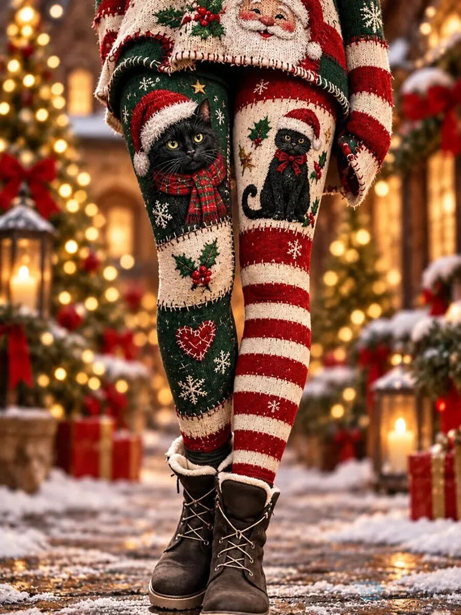Christmas Black Cat Snowflake Print Velvet Leggings for Women
