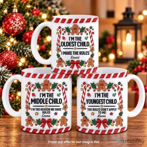 Personalized Gingerbread Christmas Sibling Rules Coffee Mug for Oldest Middle Youngest Child