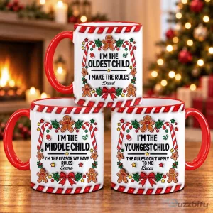 Personalized Gingerbread Christmas Sibling Rules Coffee Mug for Oldest Middle Youngest Child
