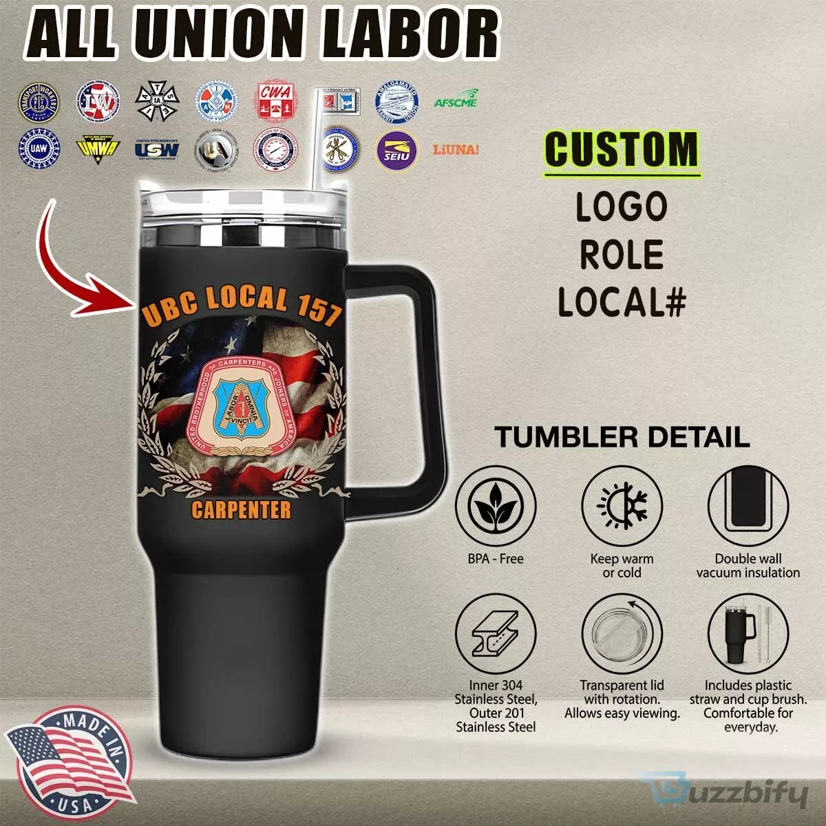 Union Labor United Brotherhood of Carpenters and Joiners of America Tumbler