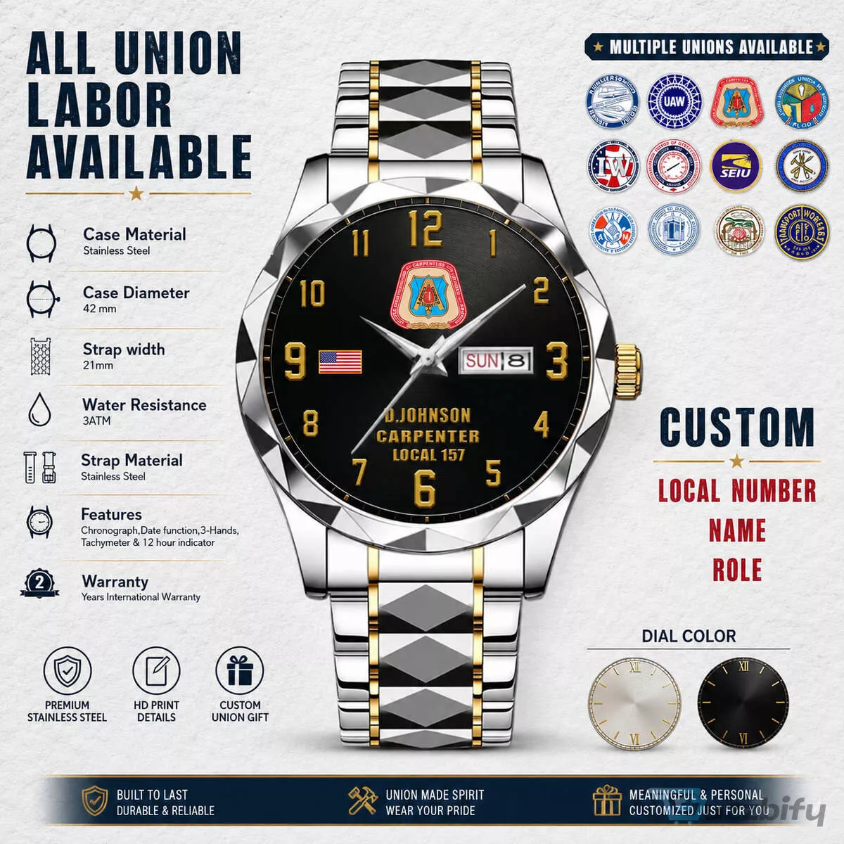 Personalized Union Labor Stainless Steel Wristwatch with Custom Dial