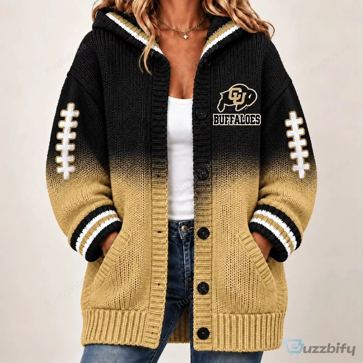 Colorado Buffaloes Football Team Black Gold Striped Knit Cardigan Hoodie