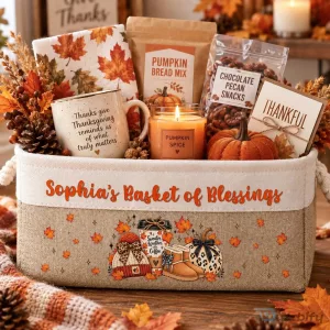 Personalized Thanksgiving Fall Season Storage Basket with Autumn Leaves Design