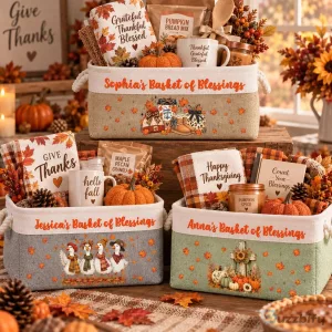 Personalized Thanksgiving Fall Season Storage Basket with Autumn Leaves Design