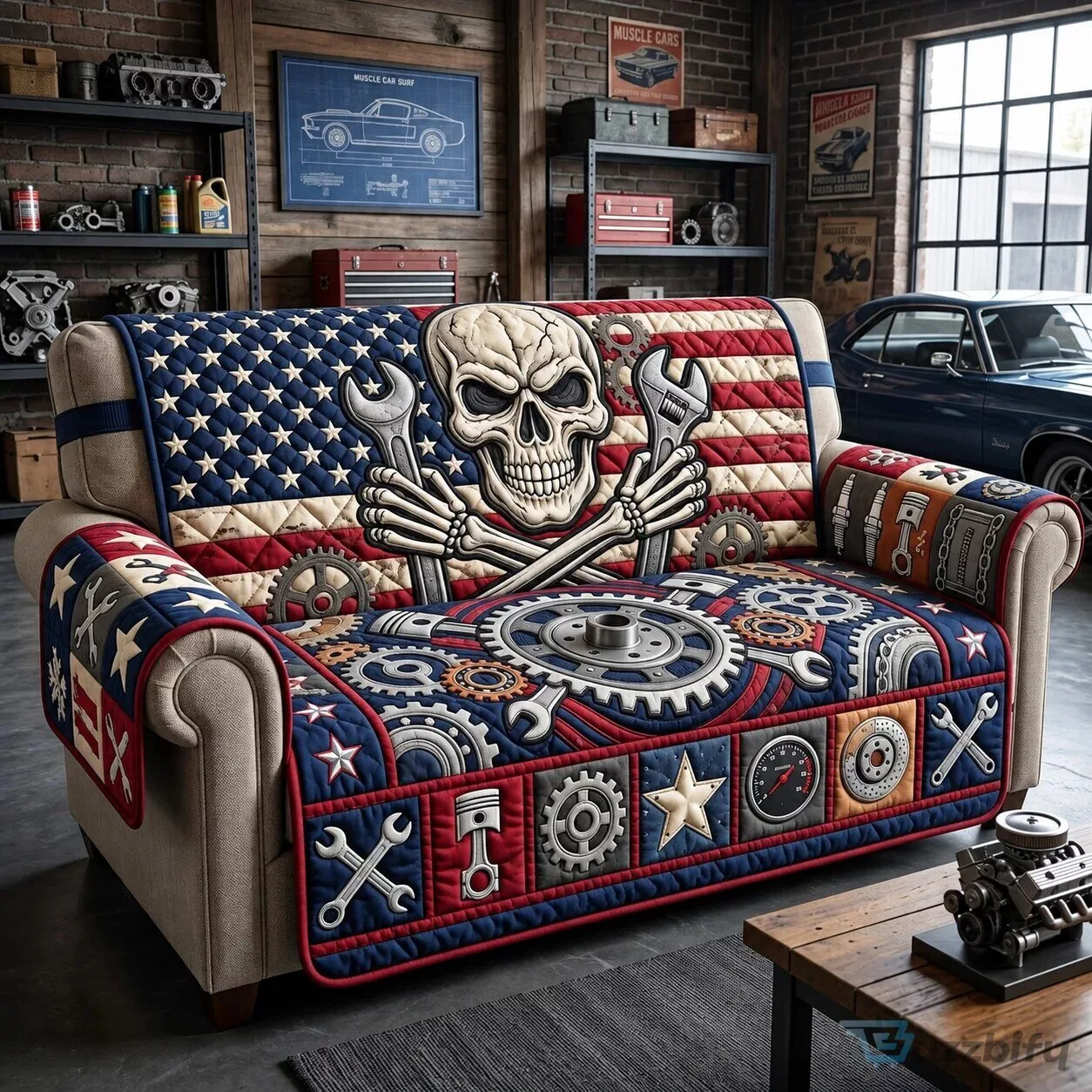 American Flag Mechanic Skull Quilted Sofa Cover