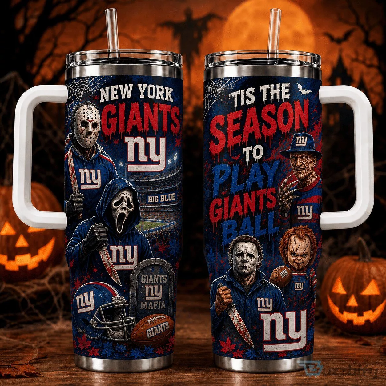 New York Giants Halloween Horror Movie Characters Football Tumbler with Handle