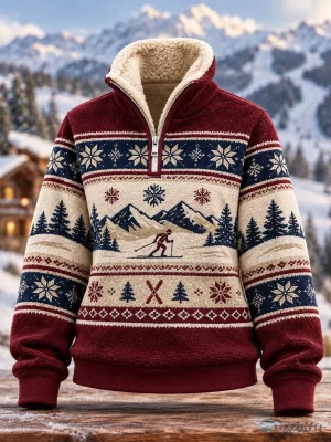 Winter Ski Season Mountain Snowflakes Pattern Fleece Quarter Zip Pullover Jacket