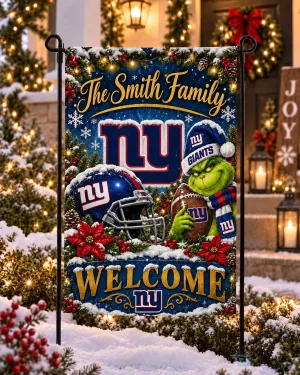 New York Giants Christmas Grinch Personalized Family Name Welcome Garden Flag