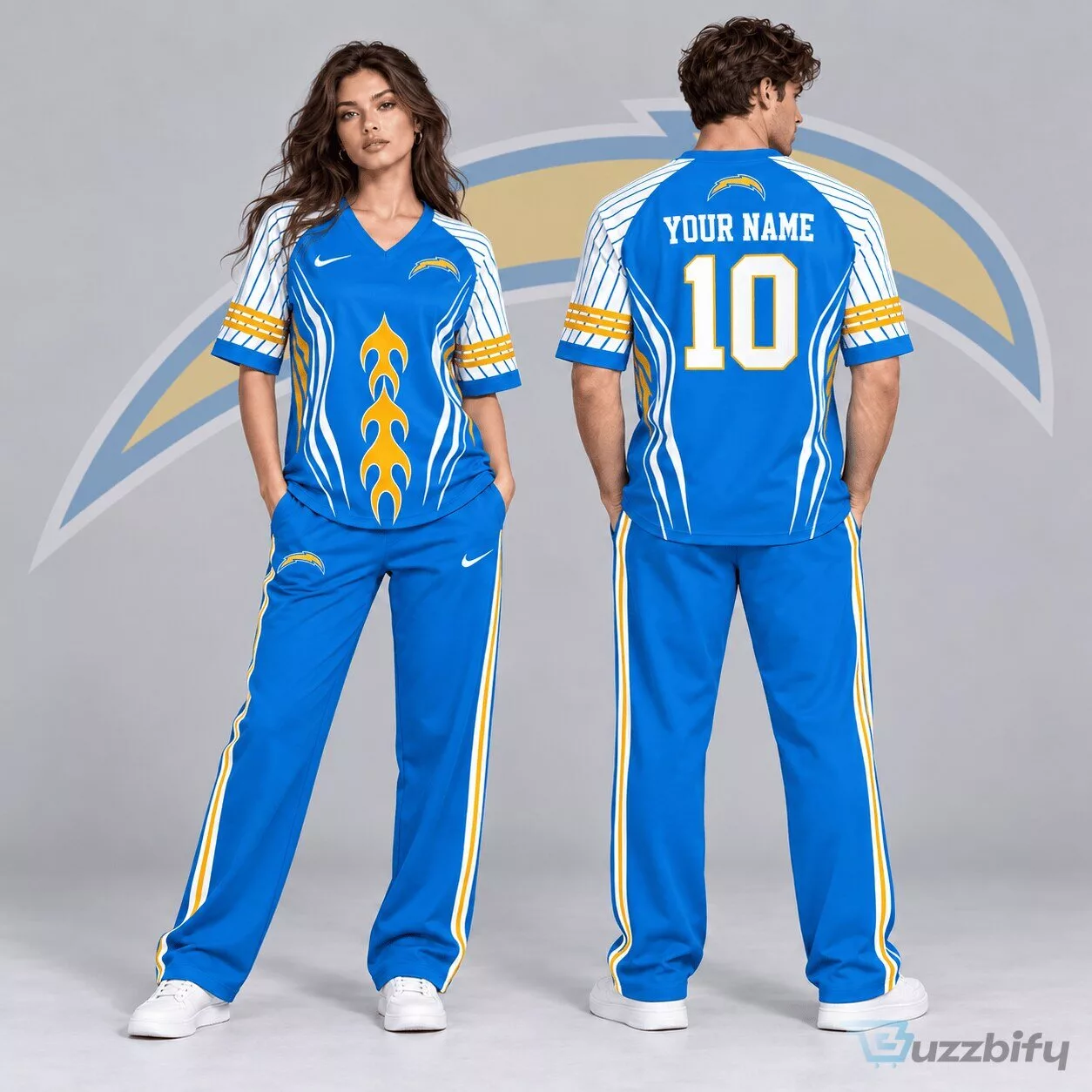 Los Angeles Chargers Custom Name Number Flame Graphic V-Neck Football Jersey