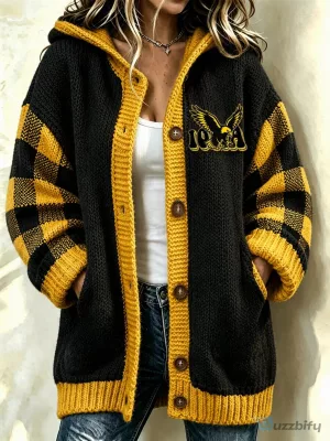 Iowa Hawkeyes Women's Black and Gold Plaid Hooded Cardigan Sweater
