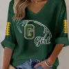 Green Bay Packers Football Girl Waffle Knit V-Neck Long Sleeve T-Shirt