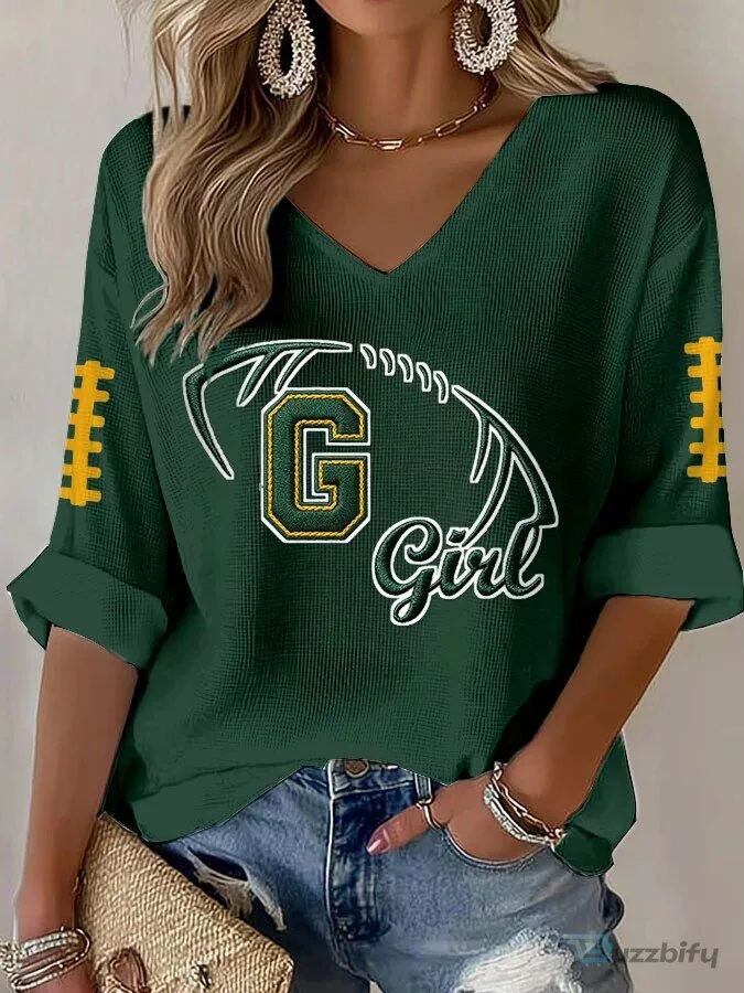 Green Bay Packers Football Girl Waffle Knit V-Neck Long Sleeve T-Shirt