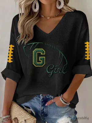 Green Bay Packers Football Girl Waffle Knit V-Neck Long Sleeve T-Shirt