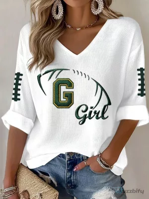 Green Bay Packers Football Girl Waffle Knit V-Neck Long Sleeve T-Shirt