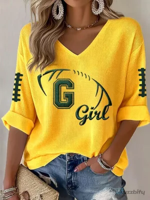 Green Bay Packers Football Girl Waffle Knit V-Neck Long Sleeve T-Shirt