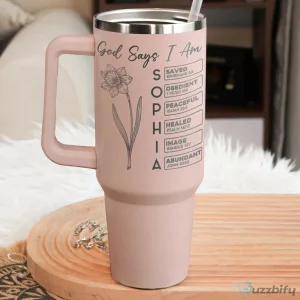 God Says I Am Personalized Birth Flower Bible Verses Tumbler