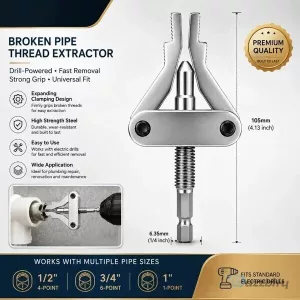 Drill Powered Broken Pipe Thread Extractor Tool for Plumbing Repair and Maintenance