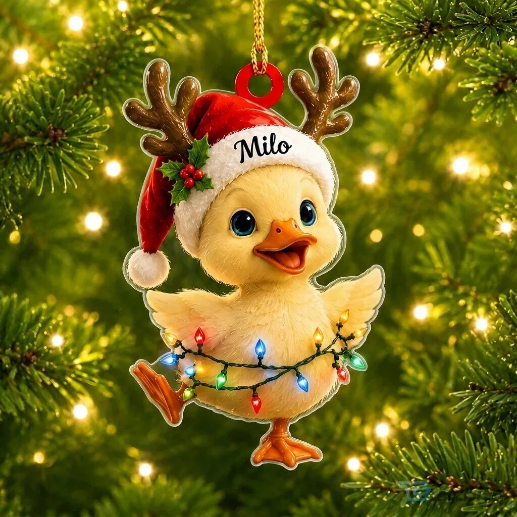 Personalized Christmas Duck with Antlers and Lights Holiday Ornament