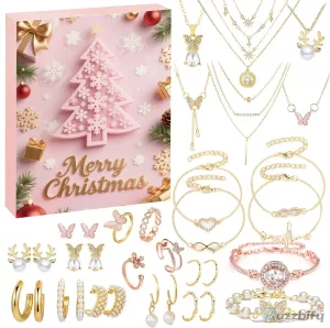 Christmas Advent Calendar 24 Piece Gold Tone Jewelry Set